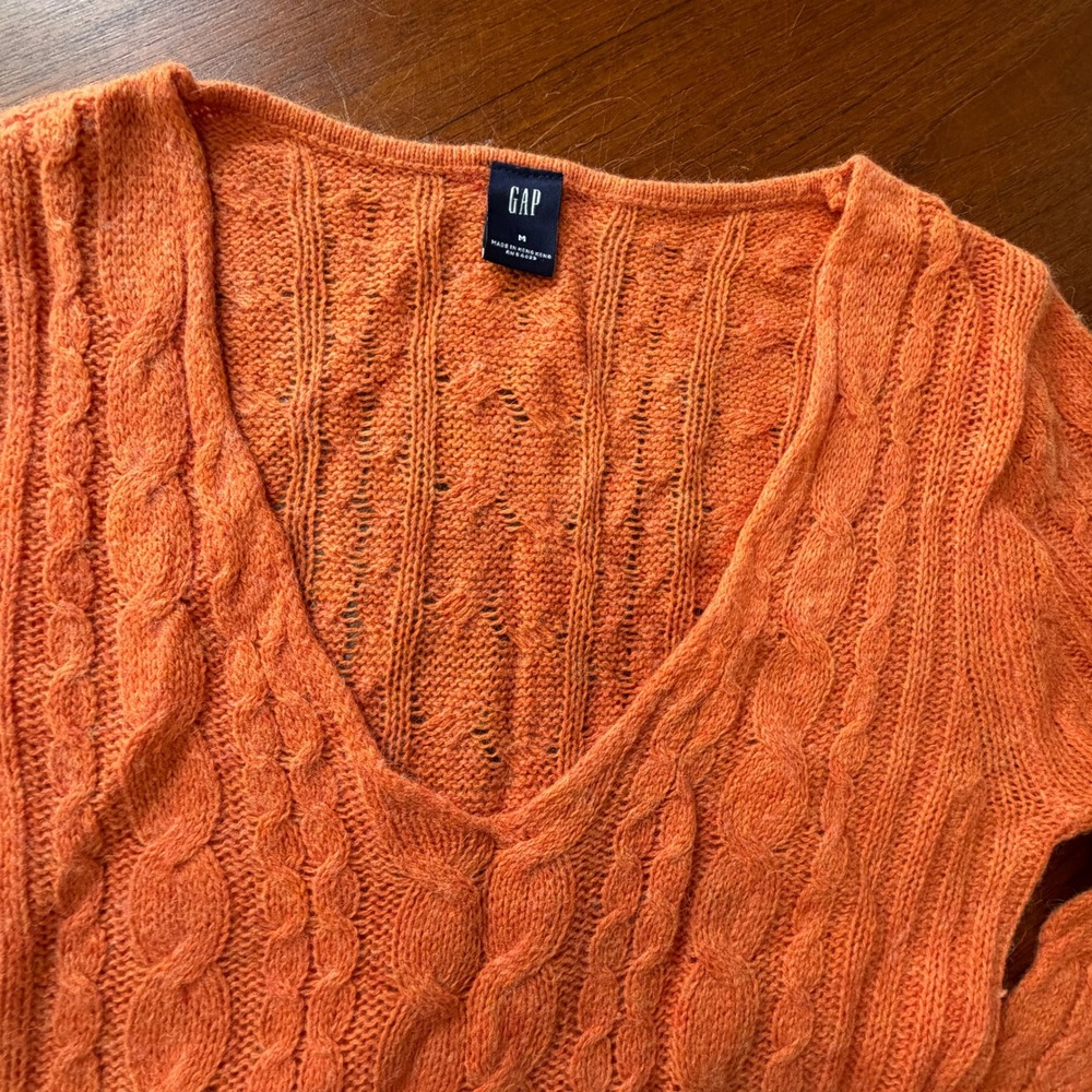 Vintage GAP Orange Cable Knit V-Neck Sweater Wool Alpaca Blend Fall XS Preppy